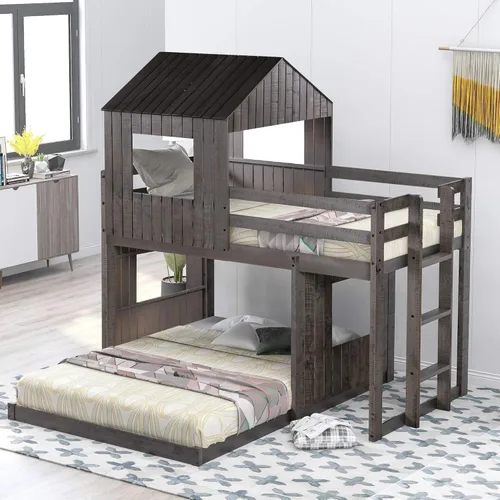 Literas individuales para niños pequeños, literas de madera con ventana de techo, escalera de barandilla, para niñas y niños, no requiere caja de