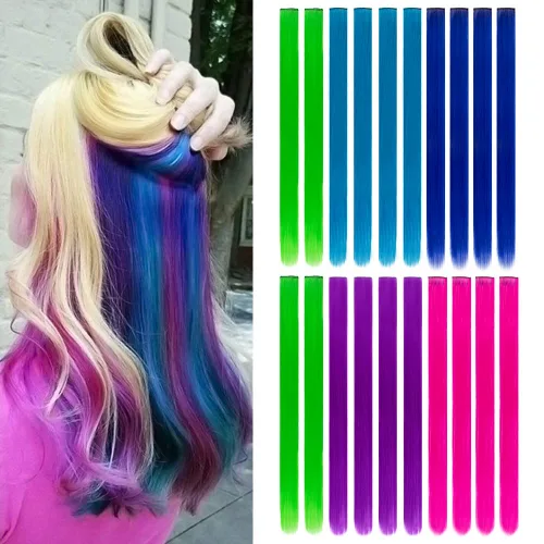 Miniatura 10 de 20 extensiones de cabello con clip de colores para niñas, extensiones de cabello arcoíris multicolor de 20 pulgadas, reflejos instantáneos, piezas