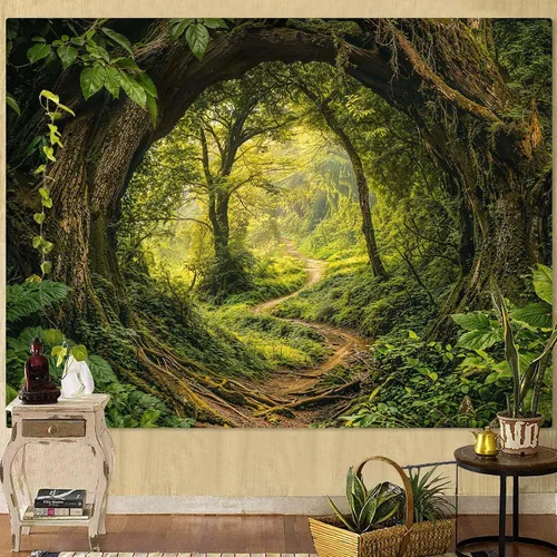 Miniatura 10 de Kanuyee Tapiz de bosque verde, tapiz de paisaje para pared, tapices de naturaleza para techo y pared, colgante para dormitorio, sala de estar