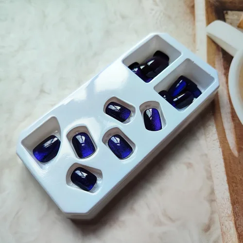 Miniatura 2 de Uñas postizas cortas a presión, color azul oscuro, cuadradas, con purpurina, cobertura completa, uñas artificiales degradadas acrílicas brillantes