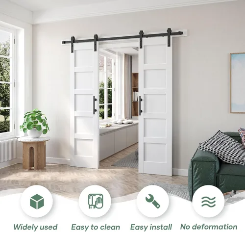 Miniatura 2 de Fredbeck Puerta de granero blanca doble de 21 x 84 pulgadas y kit de herrajes para puerta corrediza de granero de 7 pies incluidos, sólido, MDF