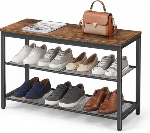 HOOBRO Banco de zapatos de 3 niveles, organizador industrial de zapatos, banco de almacenamiento de 29.5 pulgadas con estantes de malla, para Marrón