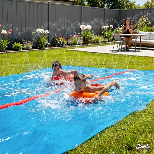 Miniatura 8 de JAMBO Mega Slip Splash y Slide de 40 pies con 2 bodyboards Tobogán acuático para patio trasero Juguetes de agua al aire libre para niños