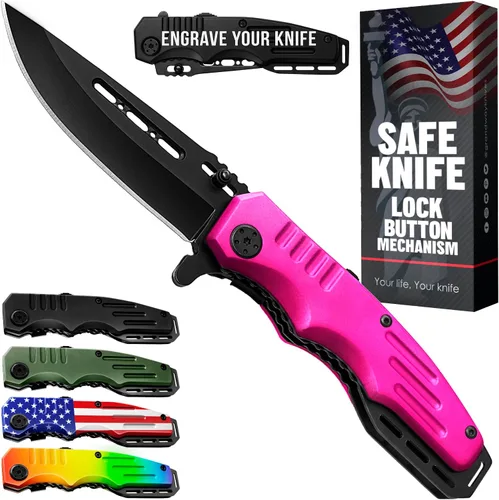 Cuchillo de bolsillo con bloqueo de seguridad para mujeres - Cuchillo asistido por resorte, cuchillos lindos - Accesorio de herramienta de 2. Rosa