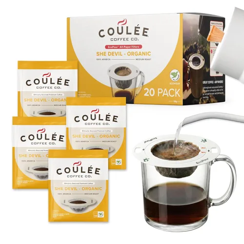 Miniatura 15 de Coulée EcoPour Coffee - Paquete variado de café para verter una sola porción, uso para acampar o viajar, compostable prellenado, todos los filtros