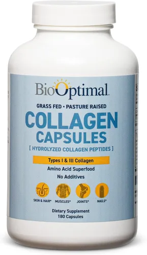 BioOptimal Pastillas de colágeno: suplementos de colágeno, 180 cápsulas, para piel, cabello, uñas y articulaciones, para mujeres y hombres,