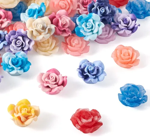 Craftdady Cuentas de flores de resina, 72 piezas de cabujones de flores kawaii con parte trasera plana, 2 estilos, sin agujero, cuentas de rosas