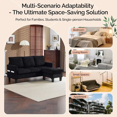 Miniatura 7 de VINGLI Sofá en forma de L de 68.5 pies con otomana de almacenamiento móvil, sofá modular convertible en tela de pana suave, moderno sillón Negro