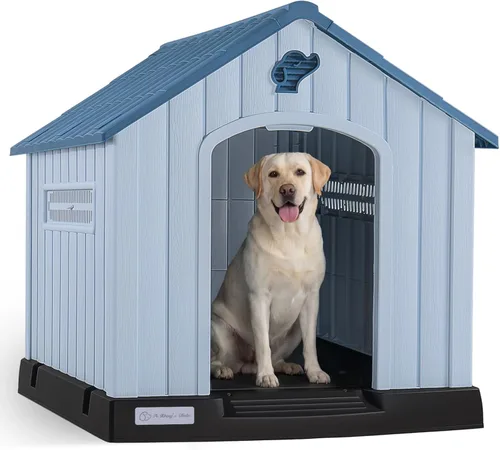LEMBERI Casa de perro de plástico impermeable duradera para perros de tamaño pequeño a mediano, caseta para perros para interiores y exteriores con