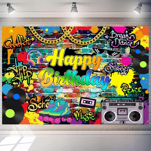 Miniatura 10 de Fondo de hip hop de 10 x 8 pies, retro de los años 80 y 90, accesorios para fotos de cumpleaños de los años 80 y 90, decoración de fondo de pared