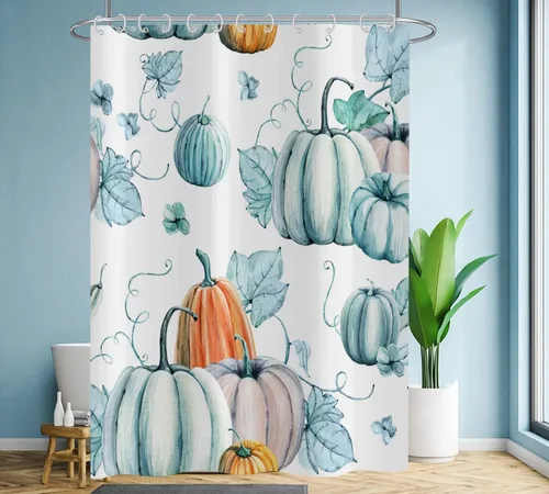 Miniatura 2 de Cortina de ducha de calabaza otoñal, cosecha de otoño, cortina de baño de calabaza azul amarilla de Acción de Gracias, decoración de bañera