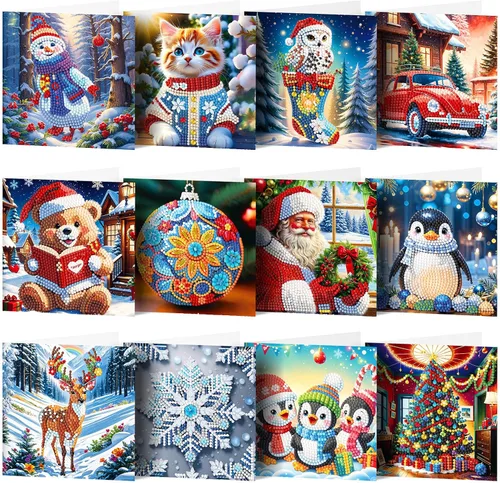 Miniatura 10 de LUSandy Paquete de 12 tarjetas de Navidad con pintura de diamante 5D para adultos, tarjetas de felicitación de arte con diamantes para gatos