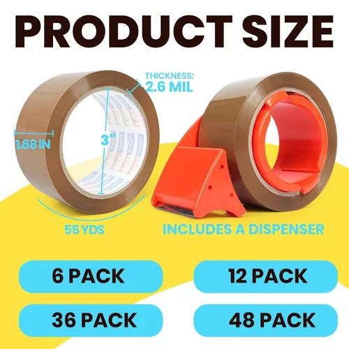 Miniatura 2 de ADHES - Cinta de embalaje marrón con dispensador, 2.6 mil, 1.88 pulgadas x 55 yardas, 6 rollos de cinta de envío resistente para cajas de mudanza