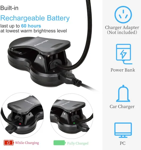Miniatura 3 de Luz de libro recargable: luz LED de libro con clip para leer en la cama, ajustable de 3 colores y 3 brillos - Lámpara de lectura para el cuidado