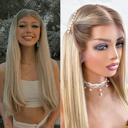 Miniatura 9 de Lovestory Peluca de encaje frontal larga y recta color blanco platino, predepilada, rubio platino, pelucas de encaje frontal sintético para mujeres