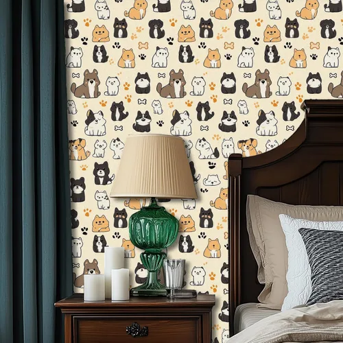 Miniatura 2 de HOMETITUTE Papel tapiz para mascotas mixto color beige, para despegar y pegar, bonito patrón de gato y perro, papel de contacto, papel de pared