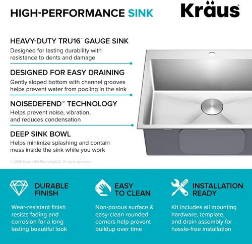 Miniatura 12 de KRAUS Standart PRO KHT300-28 - Fregadero de cocina de acero inoxidable de 28 pulgadas, calibre 16, cuenco individual de 2 agujeros, de acero