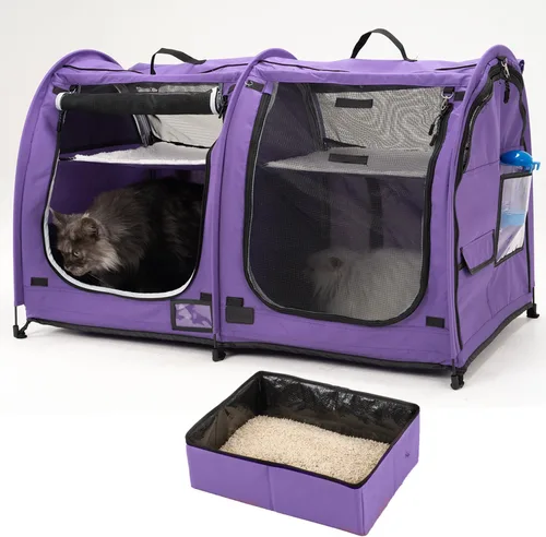 Miniatura 15 de Mispace - Jaula/Casa portátil para gatos con doble compartimento de exhibición, fácil de plegar y transportar, cómoda jaula de viaje para cachorros