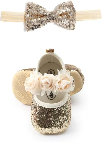 Miniatura 3 de Mary Jane - Zapatos planos con diadema con lazo, vestido de princesa floral para bebés, zapatos de cuna con suela suave, antideslizantes para niños