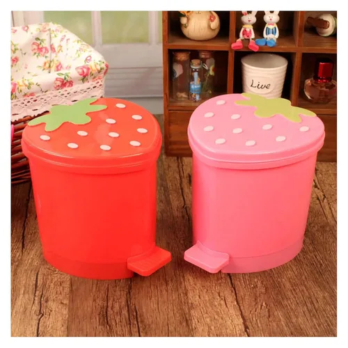 Miniatura 8 de Bote de Basura de Fresa, Bote de Basura de Plástico Lindo de 1 Galón para Escritorio Kawaii Pequeño Bote de Basura de Fresa para Dormitorio con 2
