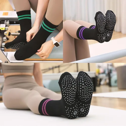 Miniatura 3 de Toes Home Calcetines de pilates para mujer con agarres antideslizantes, calcetines de yoga para barre hospital, calcetines pegajosos, 4 pares