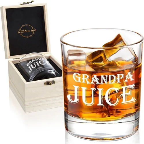 LIGHTEN LIFE Vaso de whisky Grandpa Juice de 12 onzas, regalo único en valiosa caja de madera, ideas divertidas para nuevo abuelo, cumpleaños de