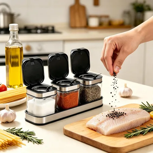 Miniatura 8 de DEAYOU Paquete de 3 cajas de condimentos de vidrio con bandeja, recipiente transparente para condimentos con tapa de acero inoxidable 18/10