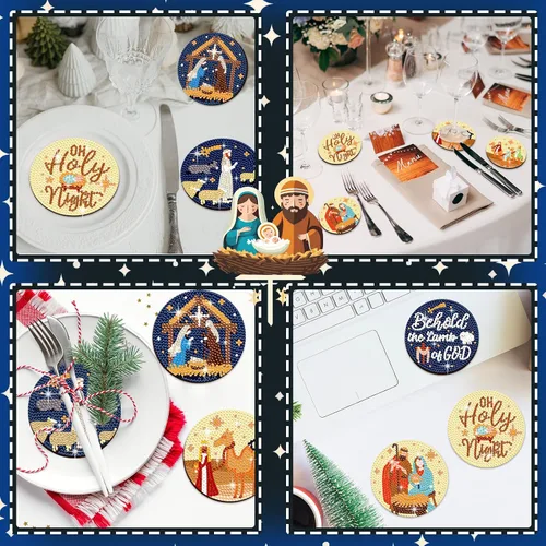 Miniatura 6 de Perthlin 8 posavasos de arte de diamantes de Navidad, árbol de Navidad, gnomo de caramelo, kit de pintura con soporte, kit de pintura de diamantes