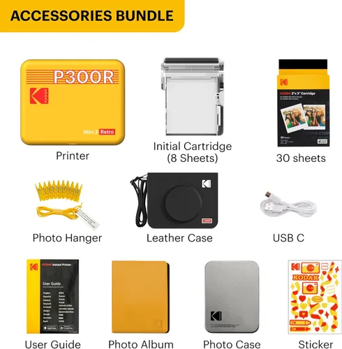 Miniatura 6 de KODAK Mini 3 Retro 4PASS - Impresora fotográfica portátil (3 x 3 pulgadas), inicial, 8 hojas + 30 hojas + paquete de regalo, color blanco