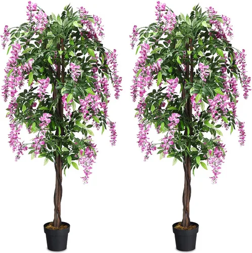 Miniatura 13 de Juego de 2 árboles de bambú artificiales de 5 pies, plantas de vegetación falsas en macetas para interiores y exteriores, hermoso árbol de imitación
