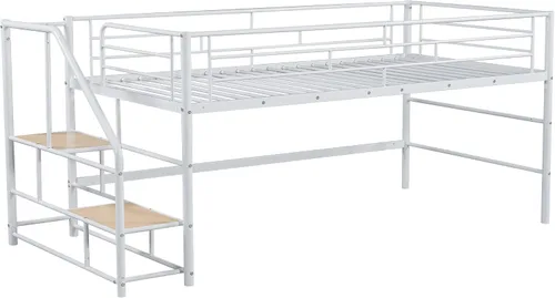 Miniatura 6 de Cama tipo loft de metal con escaleras de almacenamiento, tamaño individual, cama alta con marco de acero resistente con barandilla de seguridad