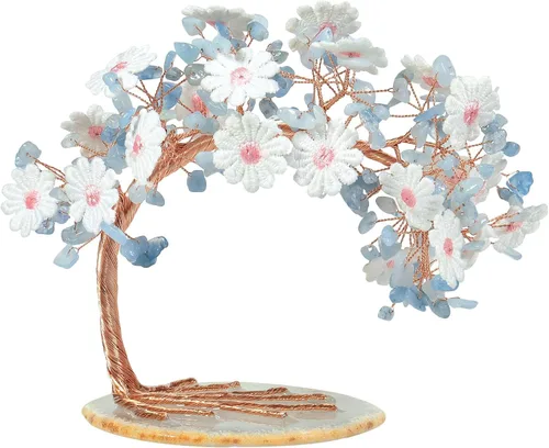 Árbol de dinero con flores bordadas de cristal con base de ágata, buena suerte, Feng Shui, árbol bonsái para decoración de mesa de oficina en casa,