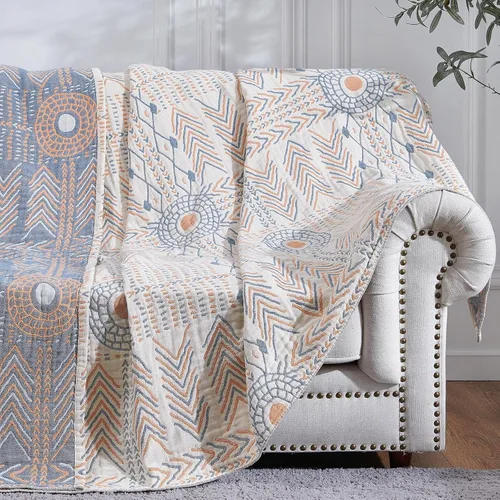 Miniatura 13 de jinchan Manta de muselina boho de 100% algodón, tamaño individual, 60x80 pulgadas, ligera, de 3 capas, diseño geométrico cruzado, reversible, colcha