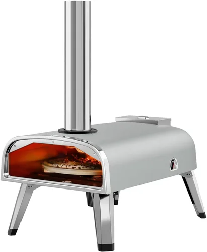 aidpiza Horno de pizza para exteriores de 12" con pellet de madera y piedra para pizza giratoria portátil, a leña, con termómetro incorporado, Gris