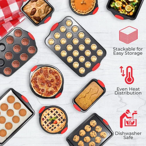 Miniatura 4 de PERLLI Juego de 10 moldes antiadherentes para hornear, acero al carbono sin BPA, con asas de silicona, juego de horno de cocina apilable, bandeja