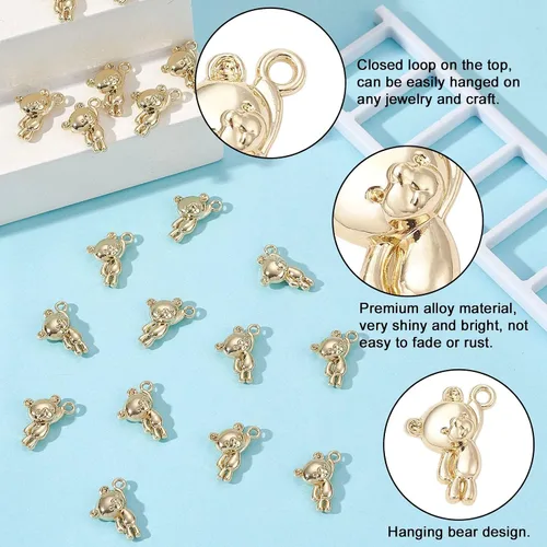 Miniatura 2 de KitBeads 100 dijes de oso dorado Kawaii, colgantes de oso de aleación de dibujos animados de animales de juguete para hacer joyas, pulseras a granel