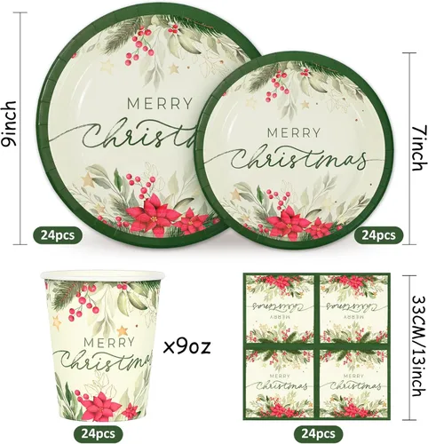 Miniatura 2 de Whaline Juego de 24 platos de papel de acebo de Navidad, tazas, servilletas, decoraciones de fiesta, nochebuena, muérdago, platos desechables, juego