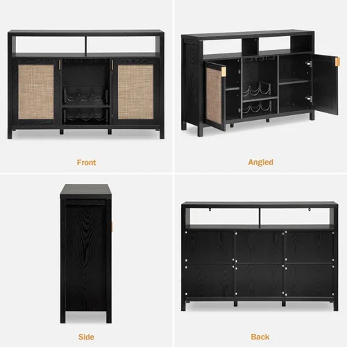 Miniatura 9 de SICOTAS - Gabinete de barra de café de ratán, aparador de buffet de 51" con almacenamiento, gabinete de licor moderno con estantes para vino