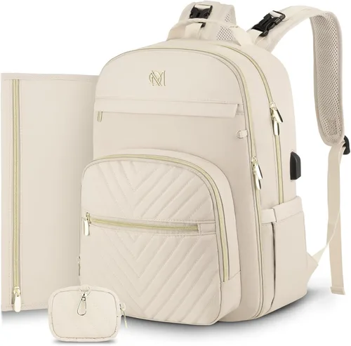 Miniatura 17 de MOMUVO Mochila para pañales, bolsa de bebé acolchada con cambiador, correas para cochecito y funda para chupete, bolsas de pañales de viaje grandes