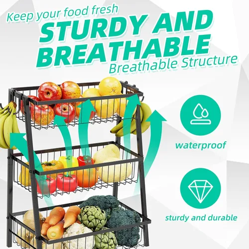Miniatura 3 de Simple Trending canasta de frutas de 3 niveles trapezoidal con 4 ganchos para plátanos, organizador de cocina extra grande de alambre de metal