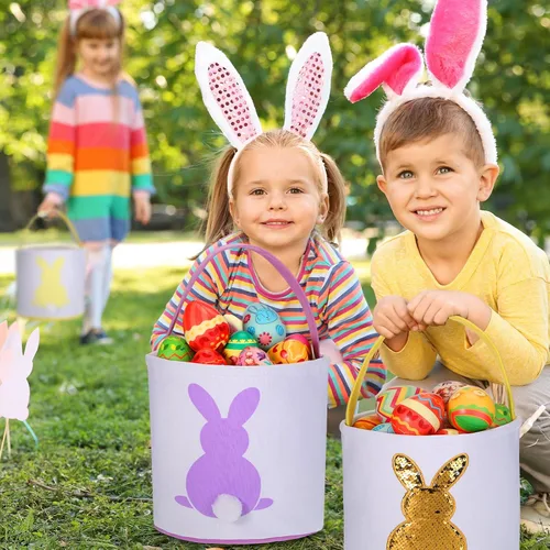 Miniatura 2 de Saintrygo 6 bolsas de cesta de conejo de Pascua para niños, cesta de caza de huevos de Pascua con asa, bolsas de regalo, cubo de transporte, Bright