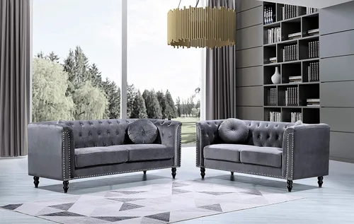 Miniatura 9 de Container Furniture Direct S5370-S Kittleson Velvet Upholstered Modern Chesterfield Sofa with Nailhead Trim, Gray