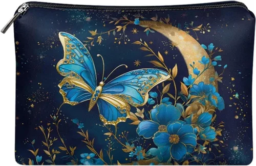 Miniatura 11 de Flashideas Bolsa de maquillaje portátil de cuero impermeable bolsa de cosméticos embrague maquillaje cepillo bolsa, Estampado De Mármol Azul 1