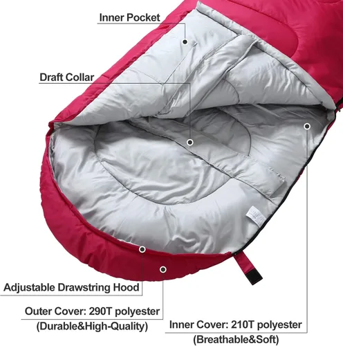 Miniatura 3 de Saco de dormir de 3 a 4 estaciones para adultos y niños, bolsa de camping ligera y cálida para clima frío con saco de compresión impermeable - Rosa