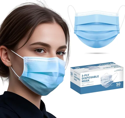 50 cubrebocas desechables azules para adultos, mujeres y hombres, 3 capas, color azul sólido, transpirable, protección facial completa