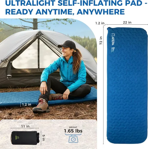 Miniatura 3 de ATEPA Colchoneta de dormir ultraligera autoinflable para mochileros, 1.65 libras, compacta, de 3 estaciones, con R-Value 2.3, almohadilla de espuma