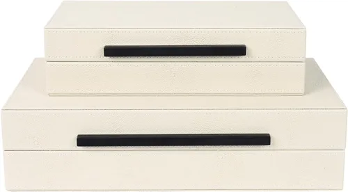Juego de 2 cajas de almacenamiento decorativas beige con acabado de shagreen, cajas de joyería y recuerdos de piel sintética con asas de metal Negro
