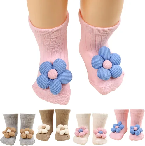 Paquete de 4 calcetines antideslizantes de flores con empuñaduras para bebés recién nacidos, niñas y niños pequeños