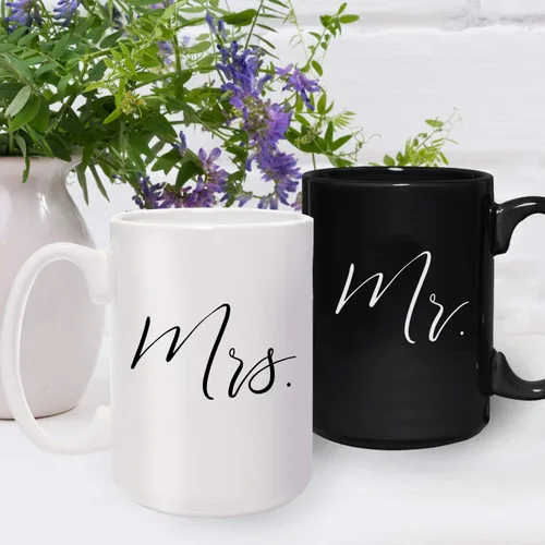 Miniatura 6 de Canopy Street Mr And Mrs - Tazas a juego, 2 tazas de cerámica grandes de 15 onzas blancas y negras, elegante juego de regalo de taza de café, una