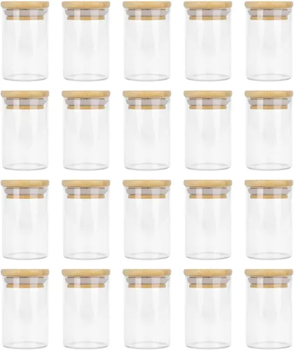 Tarros de especias de vidrio, organizador de condimentos, 3.2 oz (3.2 fl oz) Mini tarro de especias con tapas de madera y 80 etiquetas cuadradas